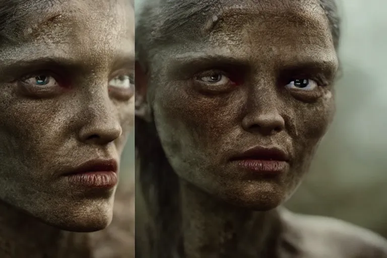 Prompt: VFX movie of a futuristic alien warrior closeup portrait in war zone, beautiful natural skin natural lighting by Emmanuel Lubezki