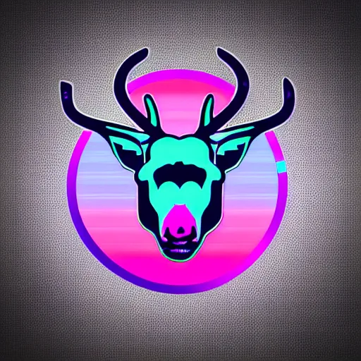 Image similar to logo for corporation called protoneo that involves deer head, symmetrical, retro pink synthwave style, retro sci fi