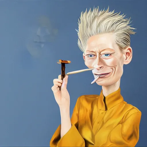 Image similar to an oil painted caricature of a young tilda swinton with a cuban cigar in her hand, blowing out smoke, by salvador dalí, trending on art station, 4K, studio ghibli color scheme