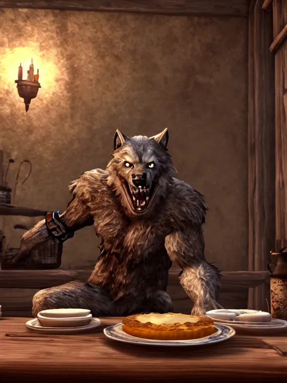 Image similar to cute handsome cuddly burly surly relaxed calm timid werewolf from van helsing sitting down at the breakfast table in the kitchen of a normal country home cooking having fun lighthearted whimsy whimsical baking strawberry tart cakes unreal engine hyperreallistic render 8k character concept art masterpiece screenshot from the video game the Elder Scrolls V: Skyrim