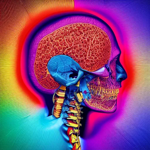 Prompt: insides of an opened human head turn into a huge coloured power explosion, hyperrealistic medical photo, anatomically correct, realistic textures + section model, 8 k,