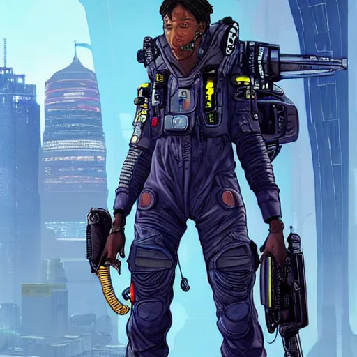 Image similar to Hosea. Apex legends cyberpunk pilot in jumpsuit. Concept art by James Gurney and Mœbius.