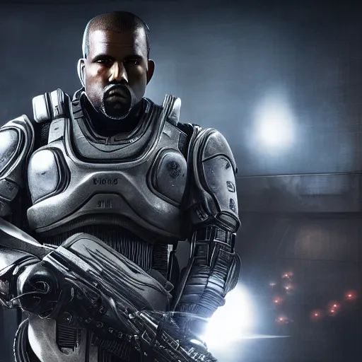 Image similar to kanye west as ( ( robocop ) ) in gears of war, kanye west face, splash art, movie still, cinematic lighting, detailed face, dramatic, octane render, long lens, shallow depth of field, bokeh, anamorphic lens flare, 8 k, hyper detailed, 3 5 mm film grain