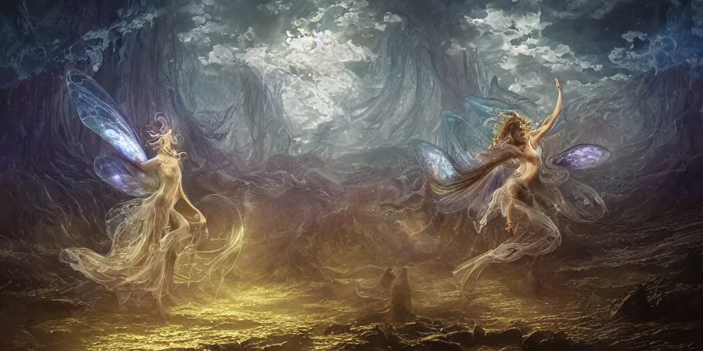 Image similar to concept art of translucent glowing fairies dancing, lovecraftian, renaissance, melting, round moon, rich clouds, fighting the horrors of the unknown, very detailed, volumetric light, mist, fine art, decaying, textured oil over canvas, epic fantasy art, very colorful, ornate intricate scales