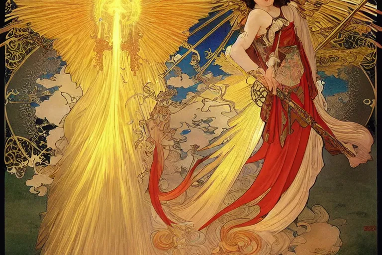 Image similar to glorious beautiful painting of Japanese female angel with flaming sword and golden wings, heavenly background and heavenly light, feminine figure, by James Jean and Alphonse mucha, Neo-Gothic, gothic, Art Nouveau, rich deep moody colors