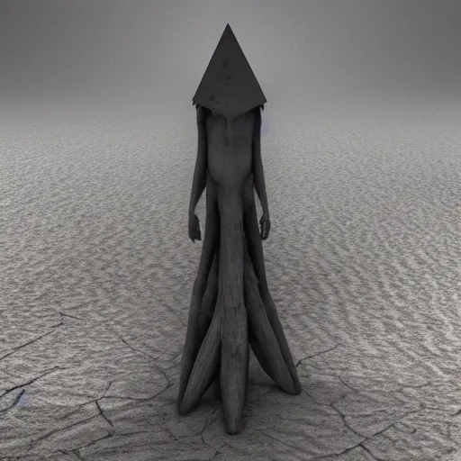 Prompt: Creepy long creature standing in a foggy weather in a desert world full of pyramids, award winning, trending on artstation, unreal engine