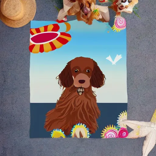 Image similar to cute brown spaniel by the seaside, parasols, bright towels, geometric, pop, bright, artwork