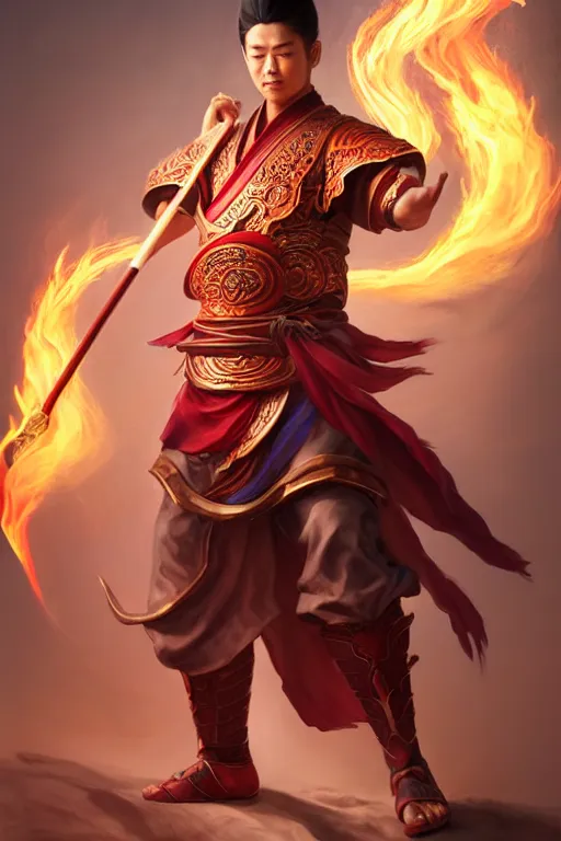 Image similar to handsome nezha, highly detailed, man holding spear, flame everywhere, epic pose, masterpiece chinese fantasy character portrait, highly detailed, digital painting, trending on artstation, concept art, sharp focus, illustration, global illumination, ray tracing, realistic shaded, art by artgerm and greg rutkowski and fuji choko and viktoria gavrilenko and hoang lap