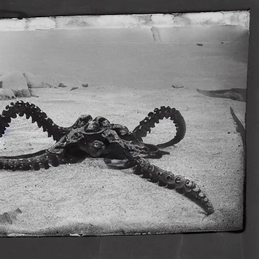 Prompt: tintype, wide view, thundra ufo crash site, team of scientists studying captured alien octopus, photorealistic, highly detailed