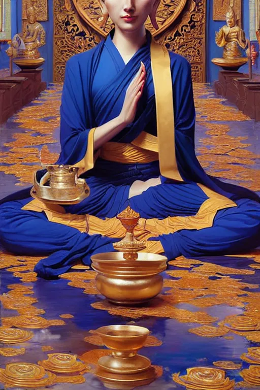 Image similar to buddhism, temple, blue clothes, painting by greg rutkowski, j. c. leyendecker, artgerm