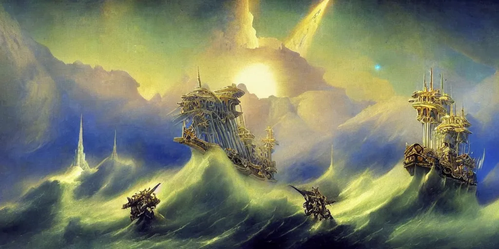 Prompt: a epic painting of glorian type spaceship, warhammer 4 0 k, intricate details, divine, by aivazovsky and botticelli