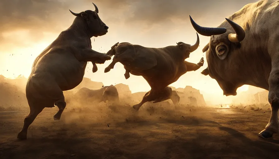 Image similar to fight between a man and a bull, intricate, sunlight, solid anatomy, elegant, volumetric lighting, digital painting, highly detailed, artstation, sharp focus, illustration, concept art, ruan jia, steve mccurry