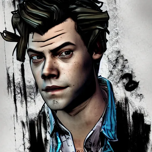 Image similar to harry styles portrait, borderlands, tales from the borderlands, the wolf among us, comic, cinematic lighting, studio quality, 8 k