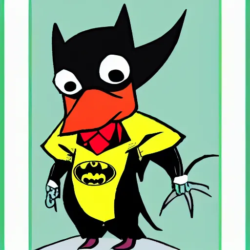 Image similar to A rooster dressed like Batman, cartoon