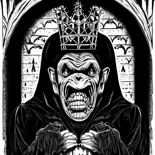 Image similar to gothic, nosferatu somber, hyperdetailed by dan mumford. a computer art that features a chimpanzee surrounded by a castle turret. the chimp is shown wearing a crown & holding a scepter, & the castle is adorned with banners.