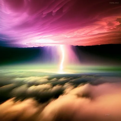 Image similar to amazing photo of purple clouds in the shape of a tornado by marc adamus, digital art, beautiful dramatic lighting