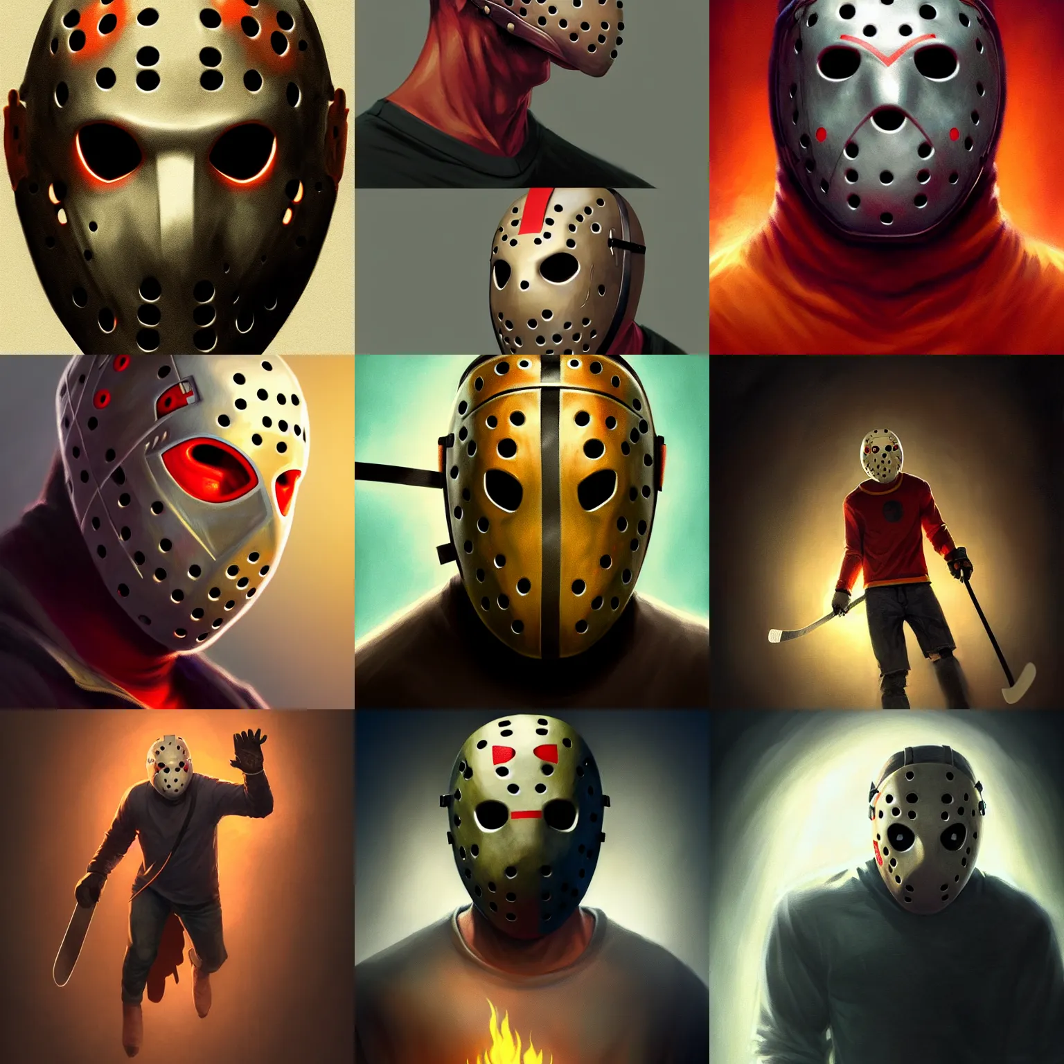 Prompt: Jason friday the 13th, hockey mask, intricate, cinematic lighting, highly detailed, digital painting, artstation, concept art, smooth, sharp focus, illustration, art by Artgerm and Greg Rutkowski, Cgsociety