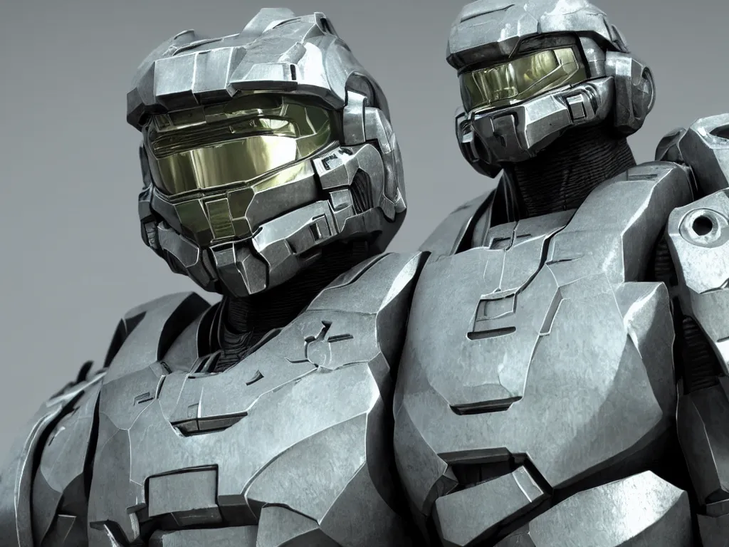 Image similar to master chief bust shot, studio photo, 3 d render, unreal engine, stunning scene, hdr, dynamic lighting, chrome, metallic, shiny, reflective, 8 k
