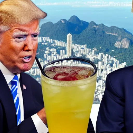 Image similar to realistic 4k image of Biden and Trump together drinking a caipirinha drink with Rio de Janeiro Corcovado on the background