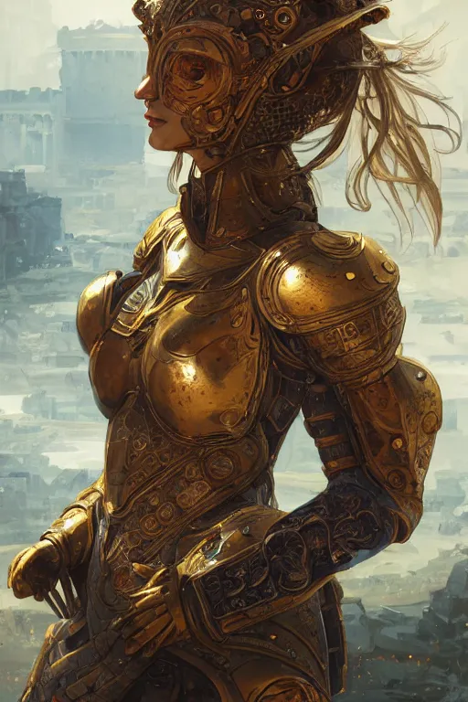 Image similar to portrait knights of Zodiac girl, golden and copper reflected armor, in ruined Agora of Athens, ssci-fi, fantasy, intricate, very very beautiful, elegant, highly detailed, digital painting, artstation, concept art, smooth, sharp focus, illustration, art by tian zi and WLOP and alphonse mucha