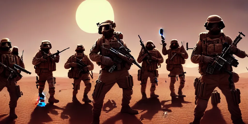 Image similar to highly detailed image of a tactical squad of hamsters dressed in tactical gear holding rifles, in a desert, stephen bliss, unreal engine, fantasy art by greg rutkowski, global illumination, detailed and intricate environment