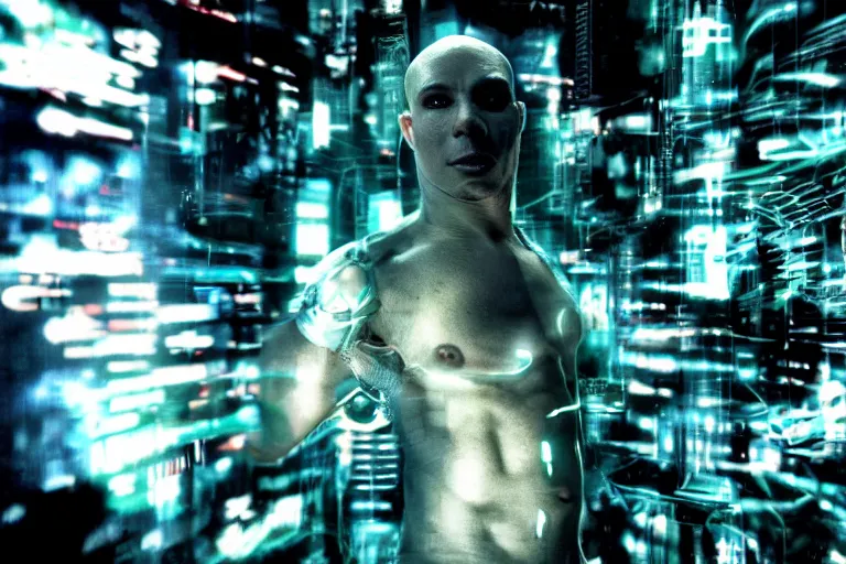 Prompt: cyborg - pitbull, surrounded by screens, in 2 0 5 5, y 2 k cybercore, industrial low - light photography, still from a ridley scott movie