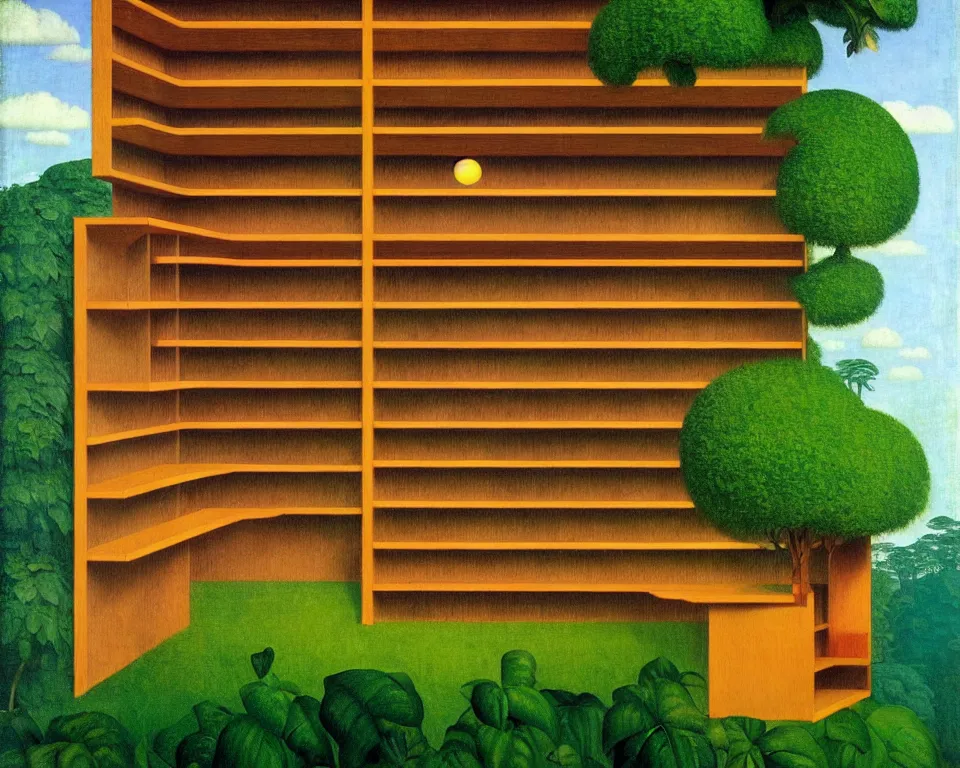 Prompt: a bookshelf in the rainforest by raphael, hopper, and rene magritte. hyperdetailed, proportional, romantic, enchanting, achingly beautiful, graphic print, trending on artstation.