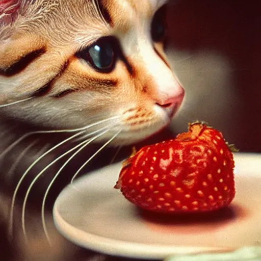 Image similar to 1 9 5 0 s kodachrome photograph of a cat eating strawberries. close up