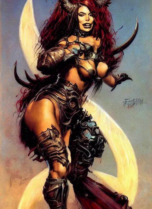 Image similar to portrait of female chaos angel, beautiful! coherent! by frank frazetta, by brom, strong line, deep color, armor, volumetric hair, high contrast