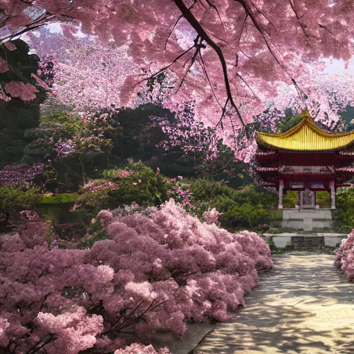 Image similar to Temple under Sakura Trees, photorealistic, hyper detailed, 8k, beautiful artwork, fantastic landscape, magical fairy landscape, volumetric lighting, octane render