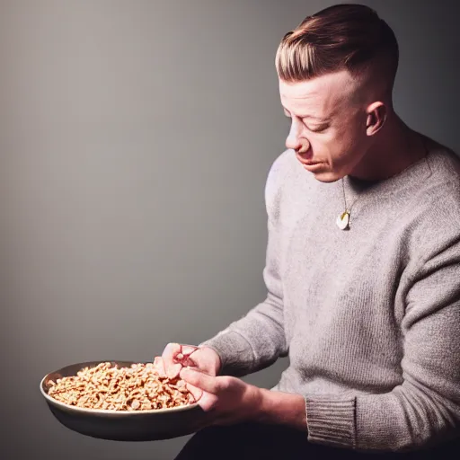 Image similar to macklemore eating cereal at home, photography, depth of field, 7 0 mm lens, studio lighting,