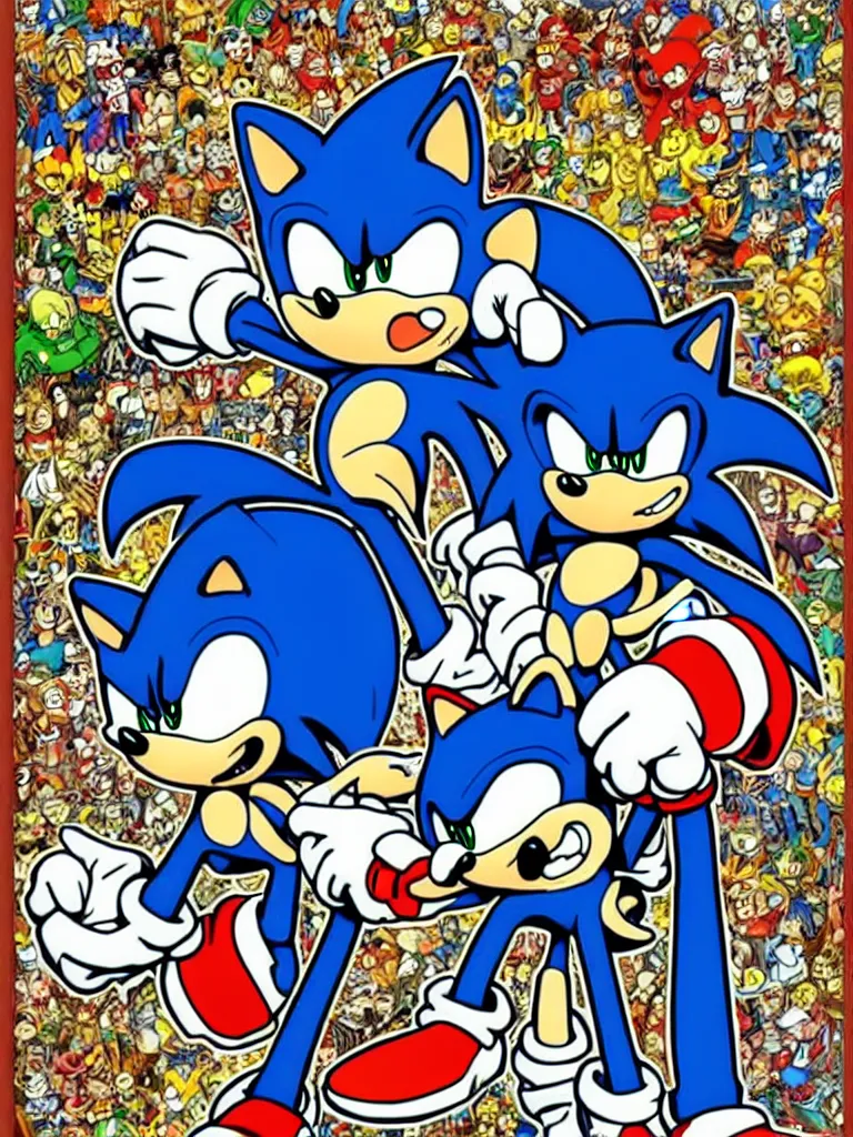 Prompt: Sonic the Hedgehog, full-color, full figure, action pose, drawn in the style of Robert Crumb