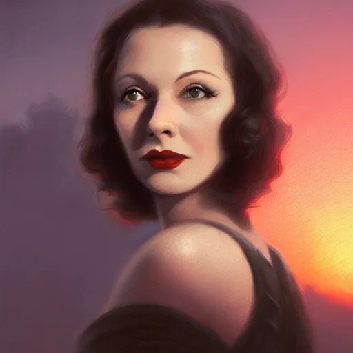 Image similar to a closeup portrait of a young vivian leigh, 1 9 2 0 s city background, gorgeous view, sunset, film noir, depth, by seb mckinnon, by greg rutkowski, by igor kieryluk, digital art, trending on artstation