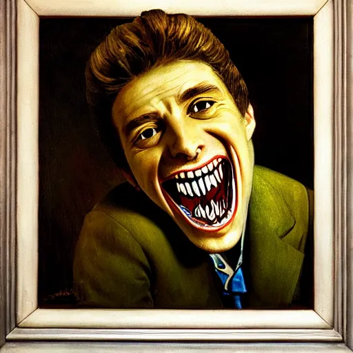 Image similar to dentist portrait of a dentist with large, giant teeth, rotten teeth, yellow, broken, cavities, moldy by Mark Brooks and Dod Procter