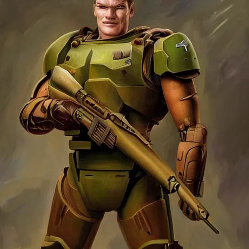 Image similar to Alan Ritchson as doomguy with no helmet, artstation hall of fame gallery, editors choice, #1 digital painting of all time, most beautiful image ever created, emotionally evocative, greatest art ever made, lifetime achievement magnum opus masterpiece, the most amazing breathtaking image with the deepest message ever painted, a thing of beauty beyond imagination or words, 4k, highly detailed, cinematic lighting