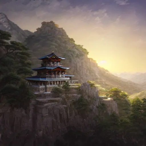 Image similar to concept art painting of a light marble temple on top of a mountain, with greek and japanese architecture, overlooking a valley with a village below, realistic, detailed, cel shaded, in the style of makoto shinkai and greg rutkowski and albert bierstadt and james gurney