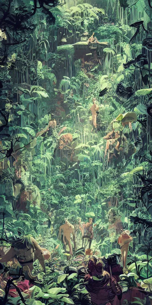 Prompt: a group of explorers in the overgrown jungle in a large alien cave, surreal photography zzz, dramatic light, cinematic composition, by victo ngai by james jean, by rossdraws, frank franzzeta, mcbess