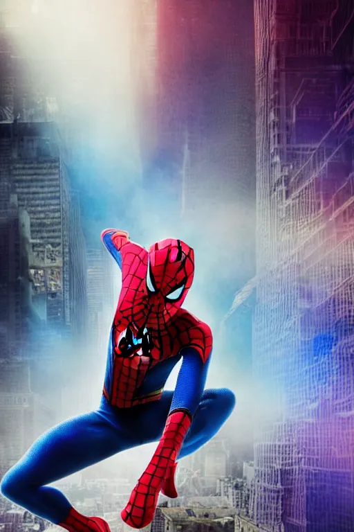 Prompt: tie-dye spider-man, character poster, dramatic lighting, atmospheric dust, intense lens flare, hazy city backdrop