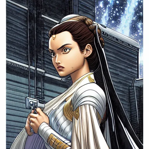 Image similar to Padme Amidala looking into the distance, by Yusuke Murata, highly detailed, establishing shot