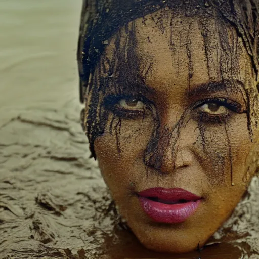 Image similar to film still, close up, beyonce rising out of muddy vietnam river, face covered in mud, low camera angle at water level, night time, film still from apocalypse now ( 1 9 7 9 ), 2 6 mm.