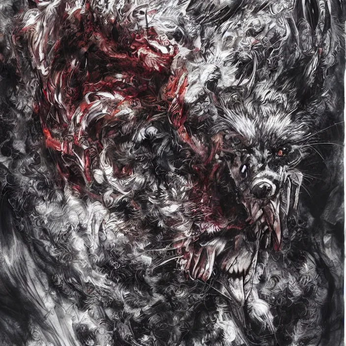 Image similar to hell dog creature, painting, by greg ruthowski, yoshikata amano, yoji shinkawa, alphonse murac, collaborative artwork, beautifully drawn, heavily detailed