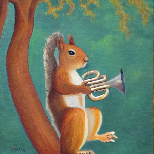 Image similar to squirrel with a trumpet in an oak tree, oil painting