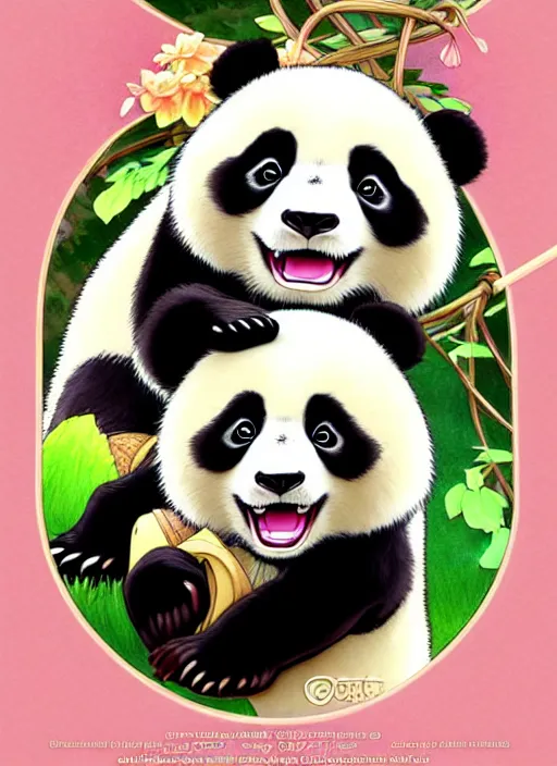 Image similar to cute panda wearing straw hat trading card design, natural lighting, path traced, highly detailed, high quality, digital painting, by don bluth and ross tran and studio ghibli and alphonse mucha, artgerm