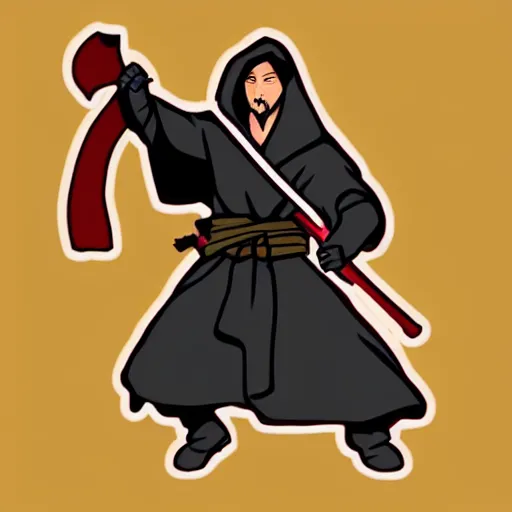 Prompt: a sticker illustration of a man in a grey cloak holding a katana