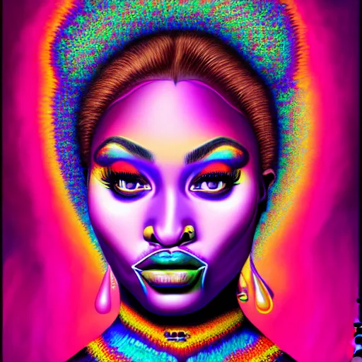 Image similar to an extremely psychedelic portrait of meg the stallion, surreal, lsd, face, detailed, intricate, elegant, lithe, highly detailed, digital painting, artstation, concept art, smooth, sharp focus, illustration
