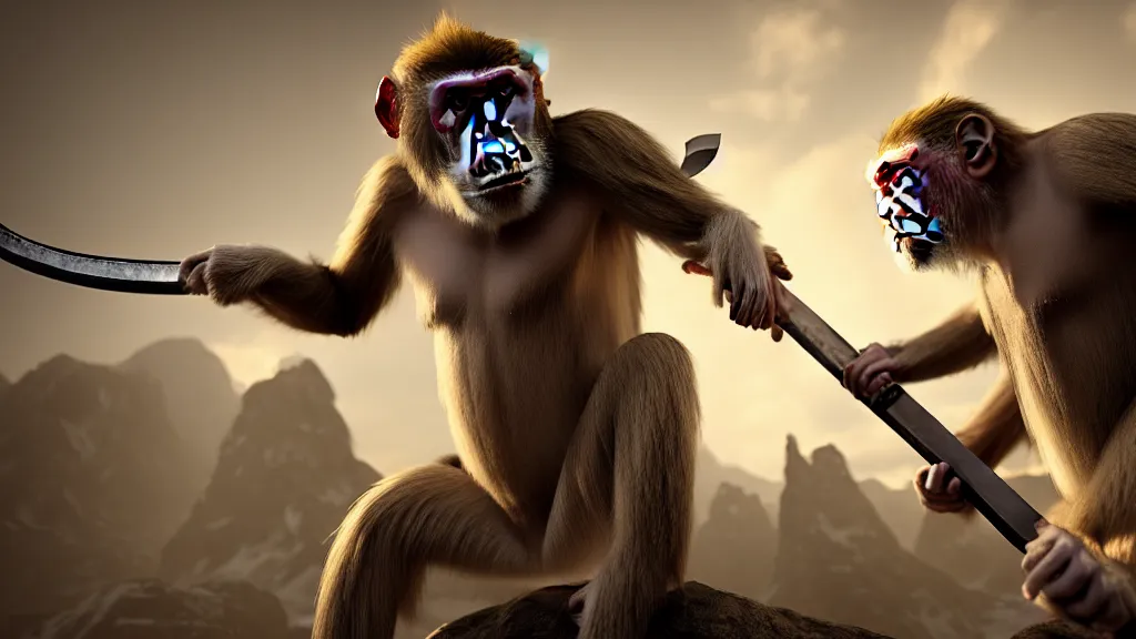 Prompt: a photo of a monkey carrying a large greatsword, 4 k, realistic, boss, fantasy, unreal engine, creature, japanese robes, menacing, natural lighting