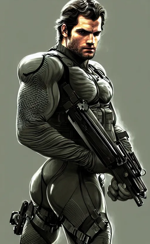 Image similar to portrait of henry cavill as solid snake, metal gear solid, upper body,, henry cavill!!!, fantasy, intricate, elegant, highly detailed, digital painting, artstation, concept art, smooth, sharp focus, illustration, art by artgerm and greg rutkowski and alphonse mucha