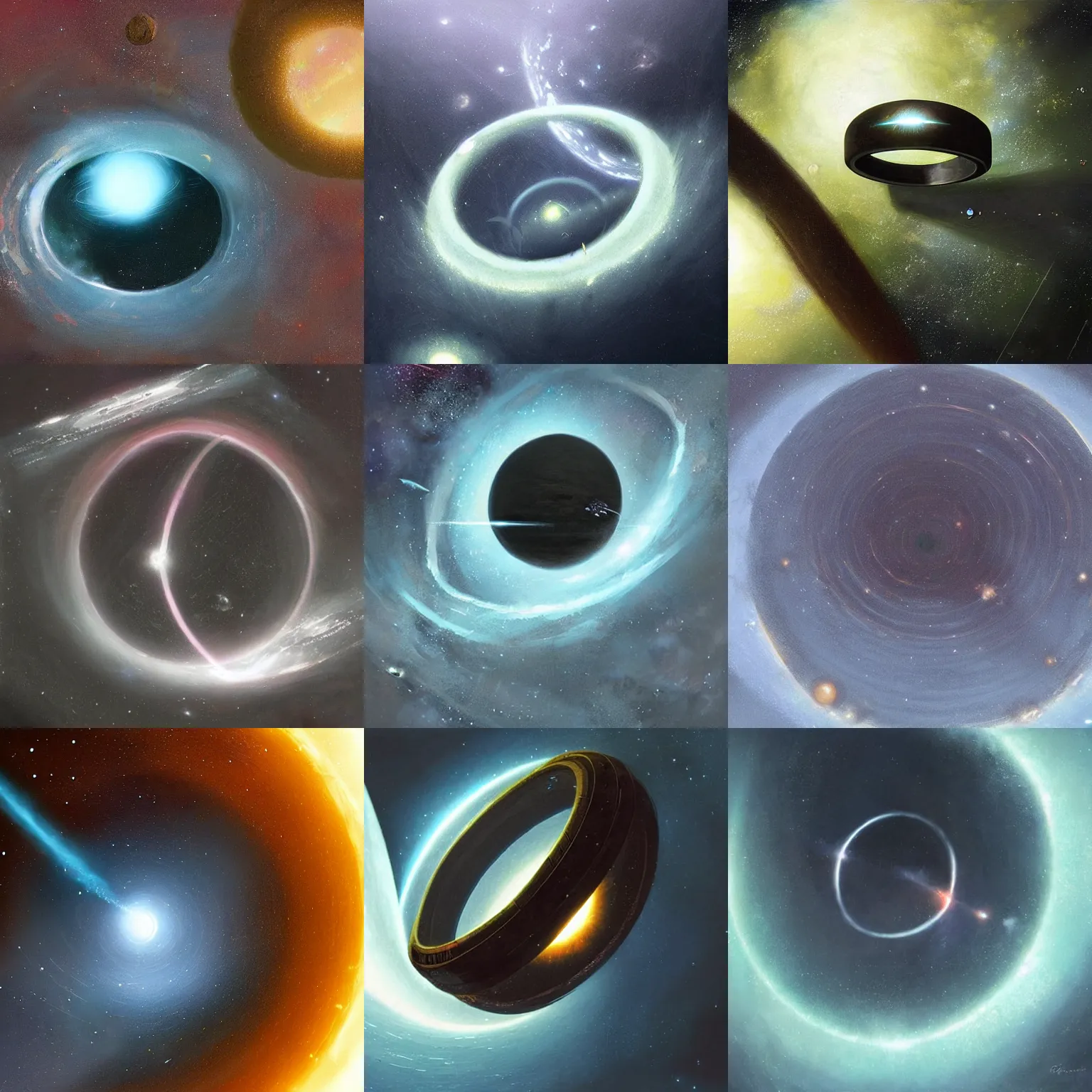 Prompt: large rings in space, seen from above, dark, painted by greg rutkowski