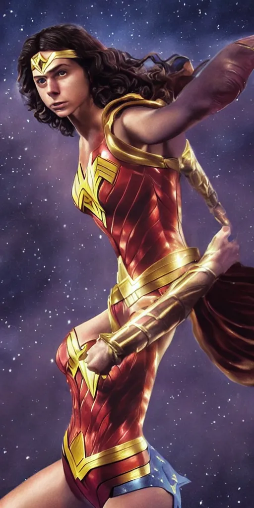 Prompt: photorealistic art of Michael Cera as Wonderwoman, dynamic lighting, space atmosphere, hyperrealism, stunning visuals