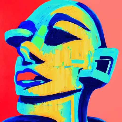 Prompt: a graph - style gouache impasto huge robot head in front of her, cyberpunk art by